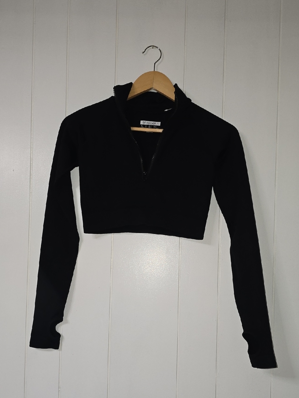 Forever 21 Black Cropped Quarter-Zip Long Sleeve Top